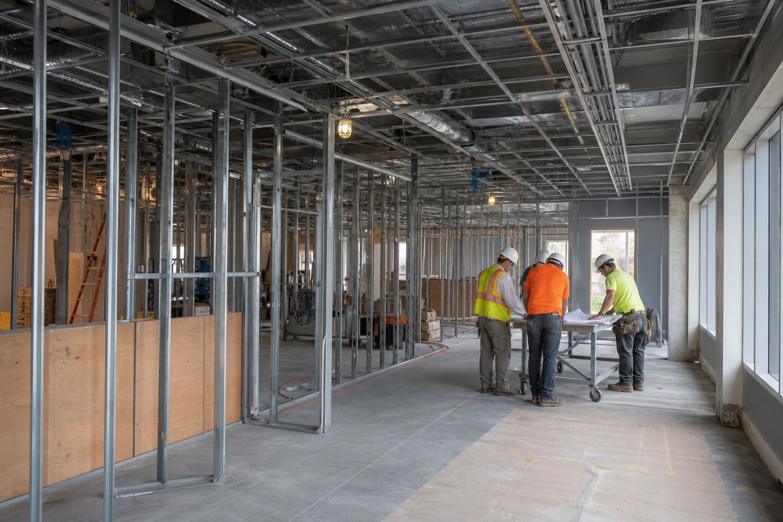 Commercial build-out construction with metal framing and coordinated trade work in Tampa