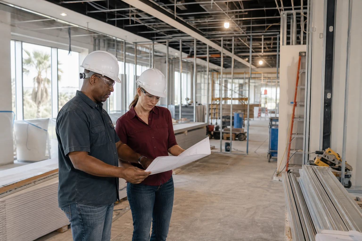 Commercial construction professionals reviewing project information at a Tampa job site