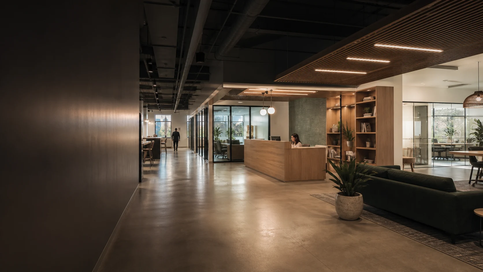 Wide view of a remodeled commercial property interior in St. Petersburg, Florida