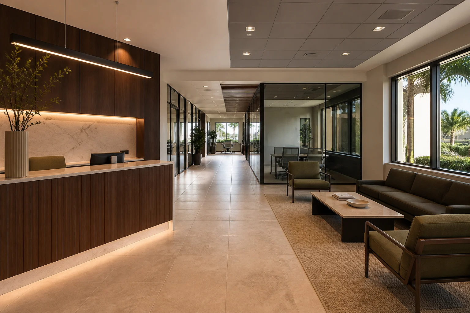 Finished commercial office interior with glass rooms and professional work areas