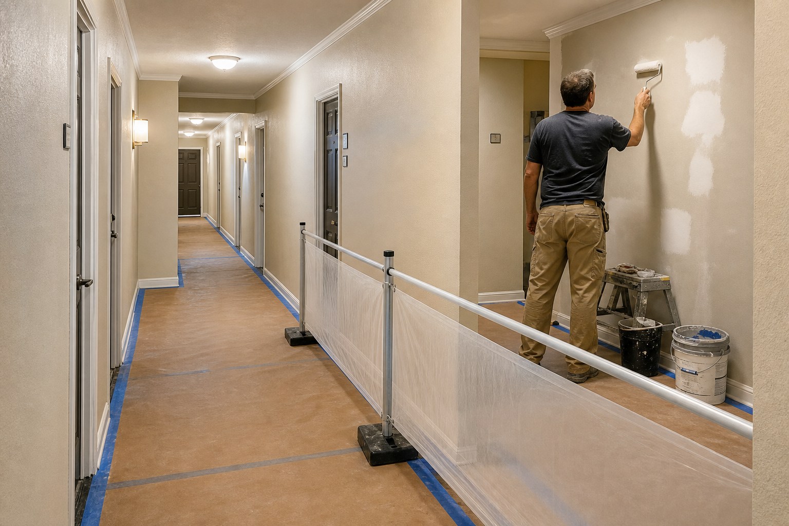Apartment corridor renovation with protected work areas in Tampa