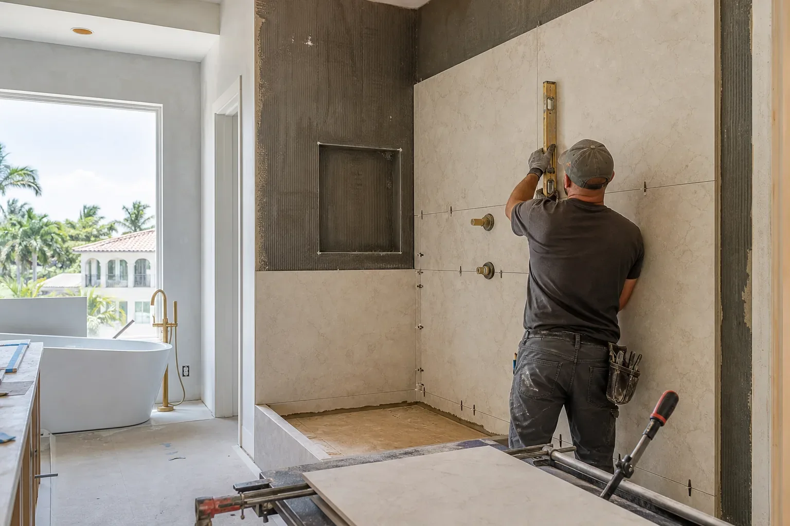 Bathroom tile installation underway in Tampa, Florida