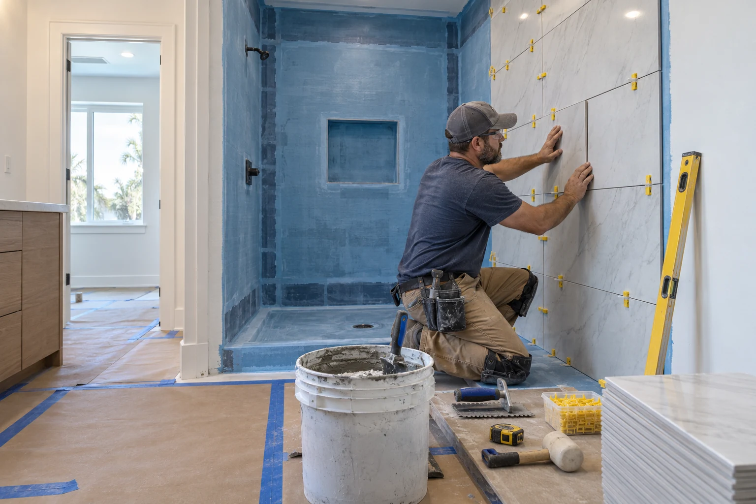 Tile professional installing shower wall tile over waterproofing during a Clearwater bathroom remodel