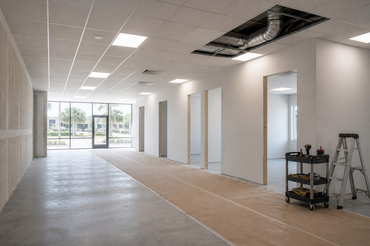 Commercial tenant build-out nearing completion with new partitions and protected flooring