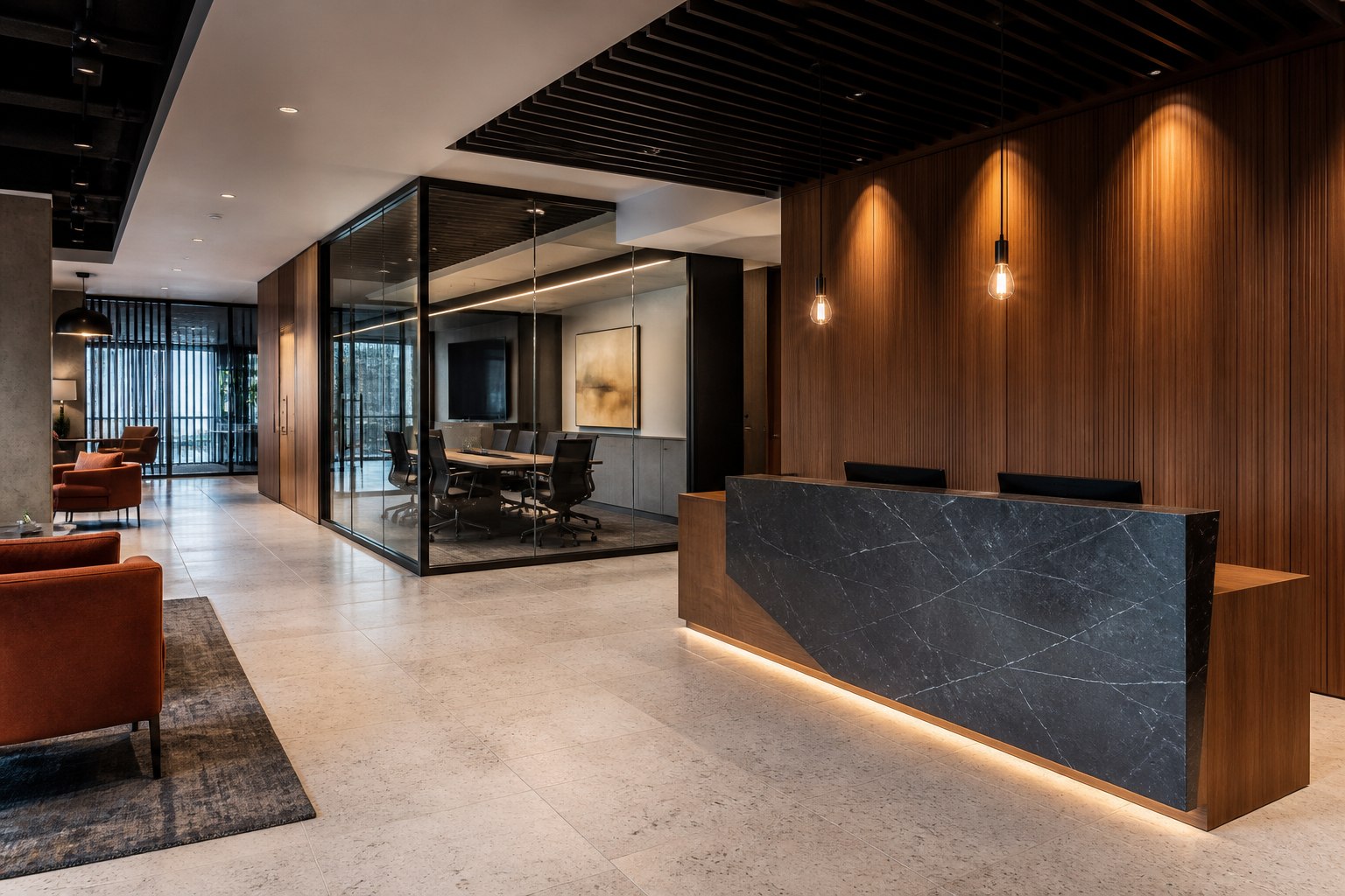 Illustrative completed commercial reception area with glass offices, walnut millwork, and durable tile flooring