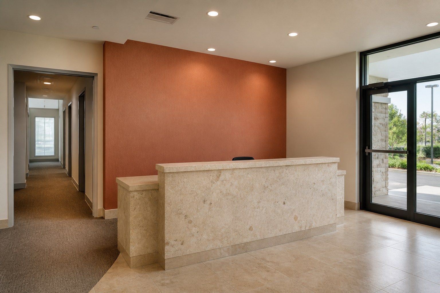 Illustrative completed professional office with a reception counter, glass entry, and open circulation