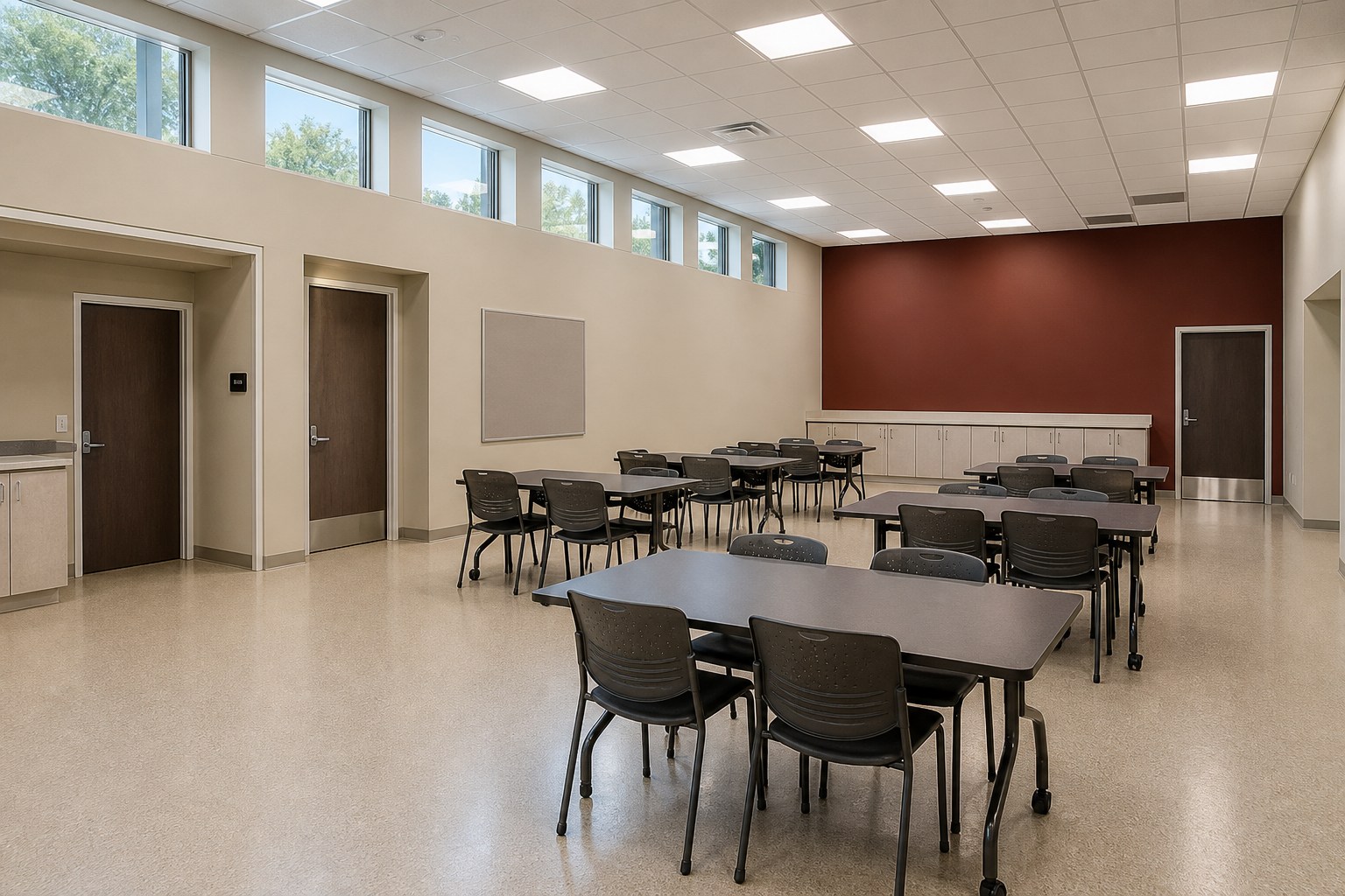 Completed community room designed for flexible everyday use in Sarasota