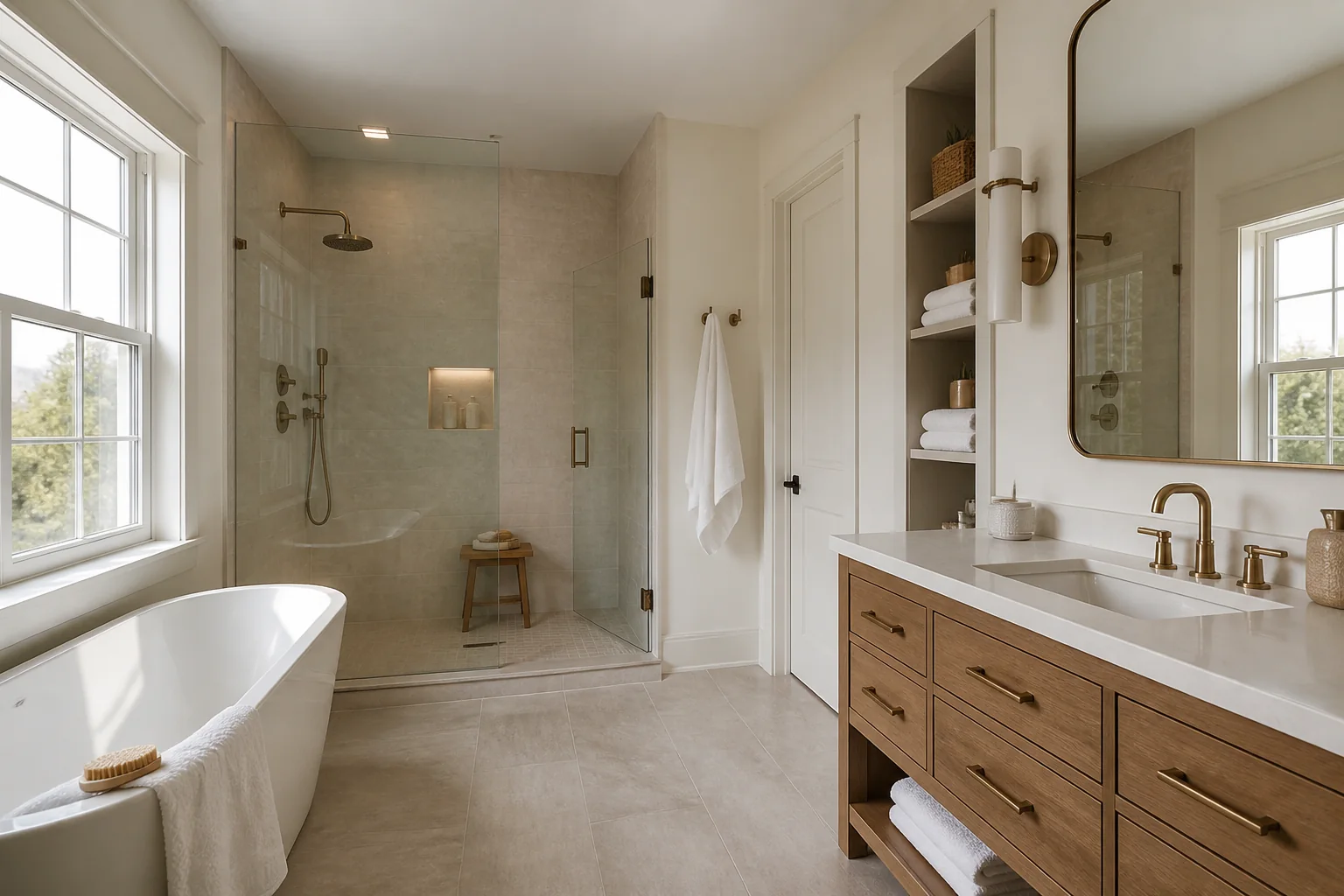 Completed bathroom remodel with practical storage in Sarasota, Florida