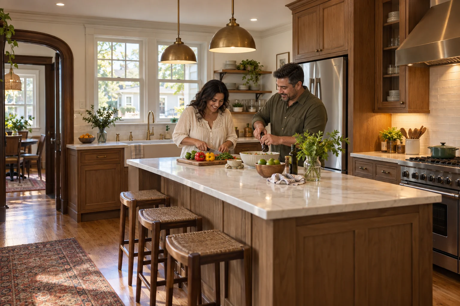 Couple cooking together in a completed St. Petersburg bungalow kitchen remodel