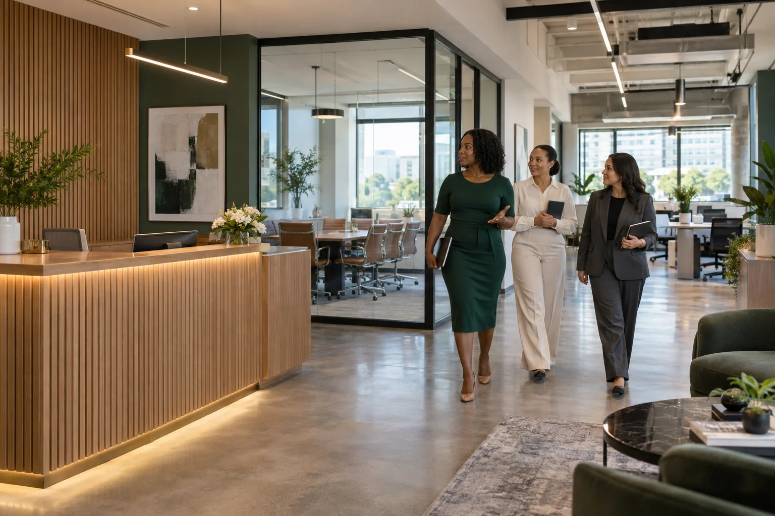 Business owner and staff walking through a completed Tampa office build-out