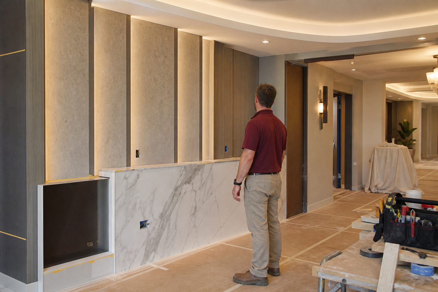 Contractor inspecting a condominium common-area renovation in Sarasota County