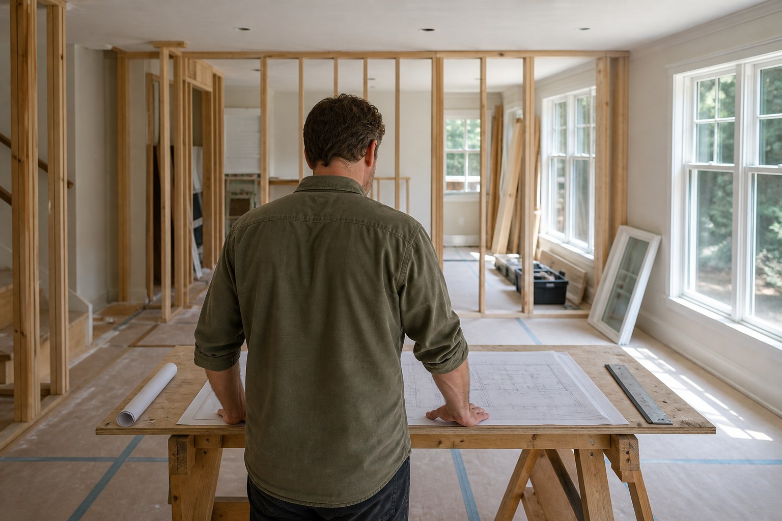 Illustrative construction professional reviewing project plans inside a partially renovated space
