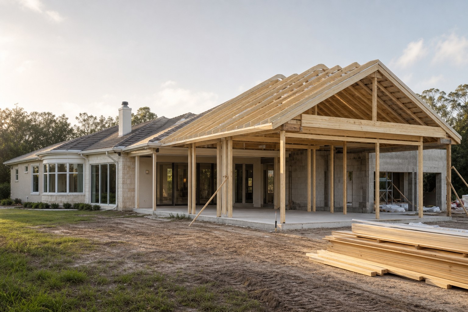 Illustrative general contracting project with a framed addition beside a Florida home
