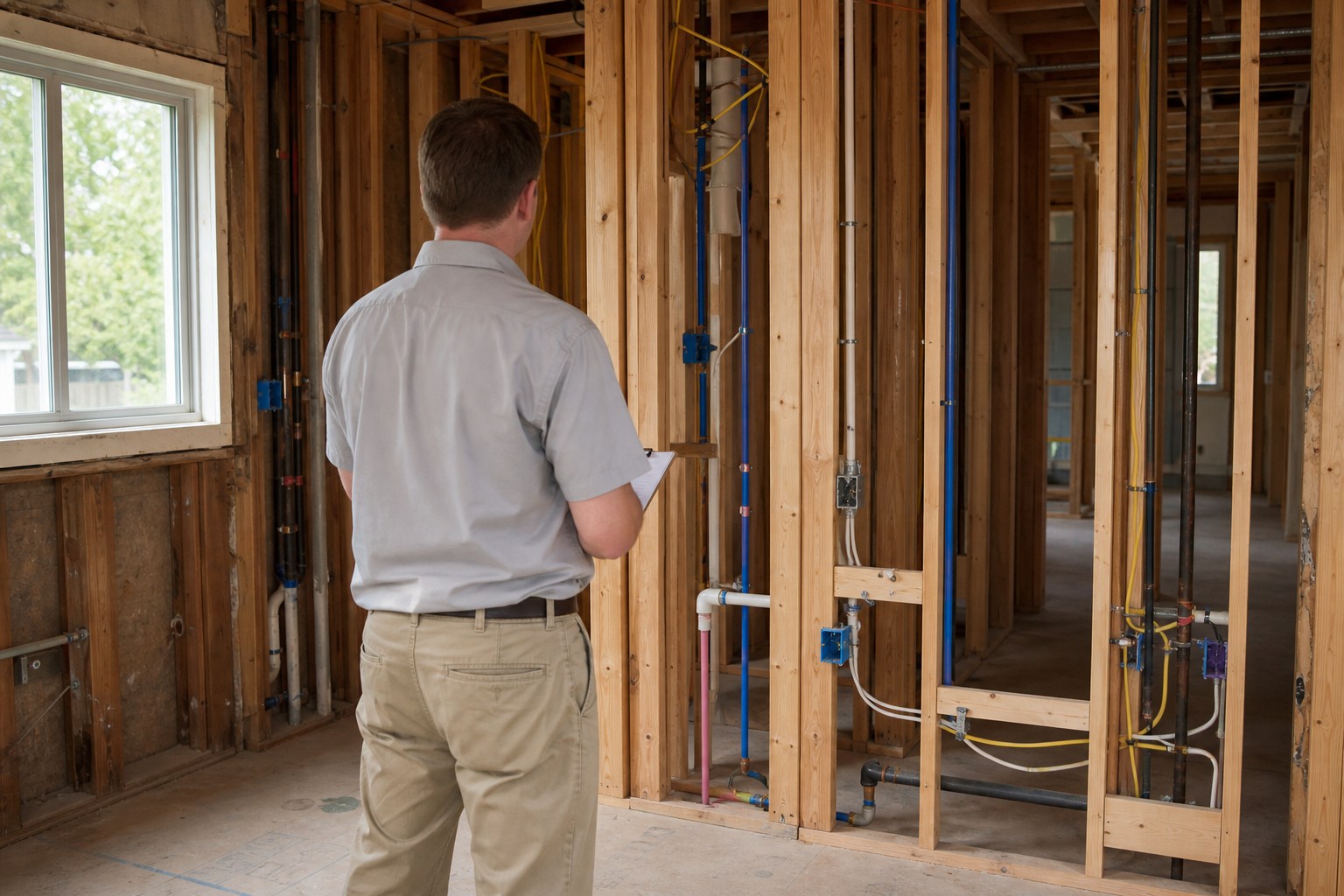 Illustrative construction professional reviewing project details inside an open framed interior