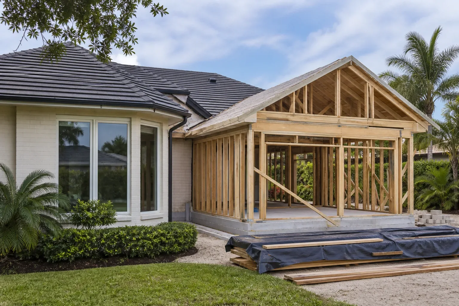 Home addition framing underway in Tampa, Florida