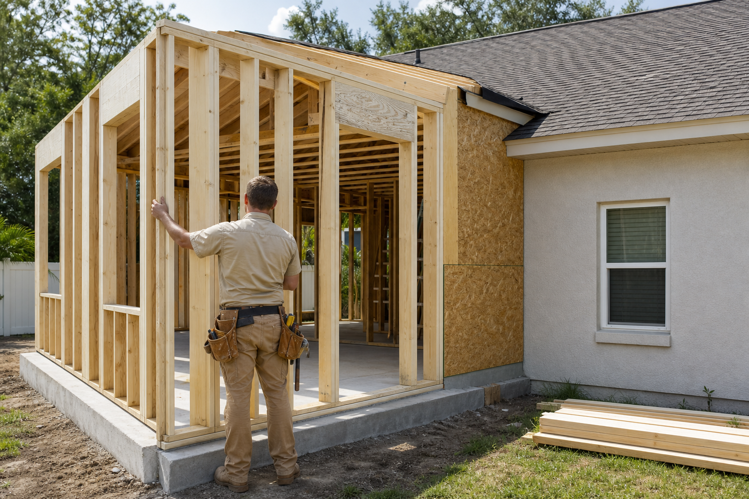 Framed home addition under construction in Pasco County