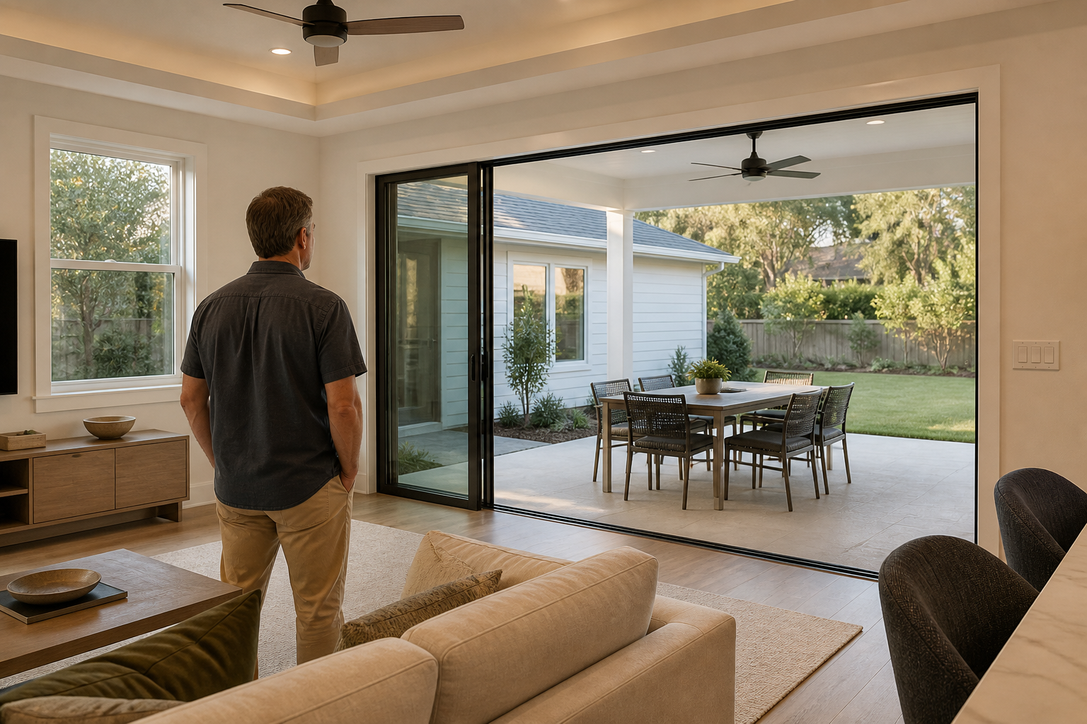 Finished family-room addition opening to a covered patio in Tampa Bay