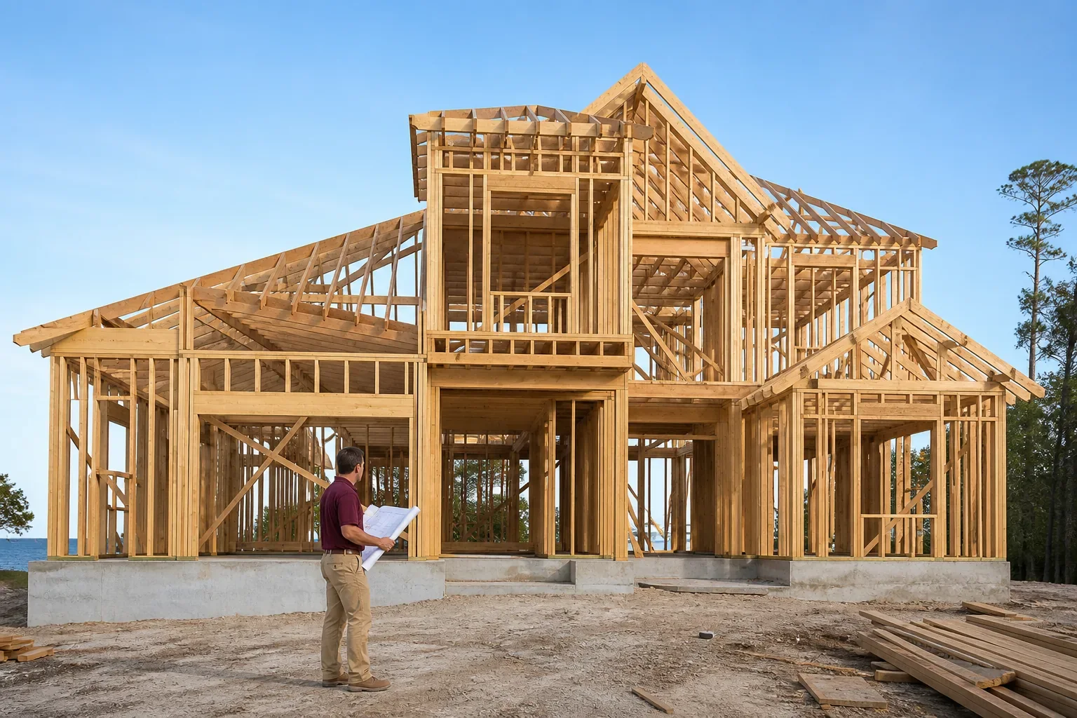 Custom home framing underway in Tampa, Florida