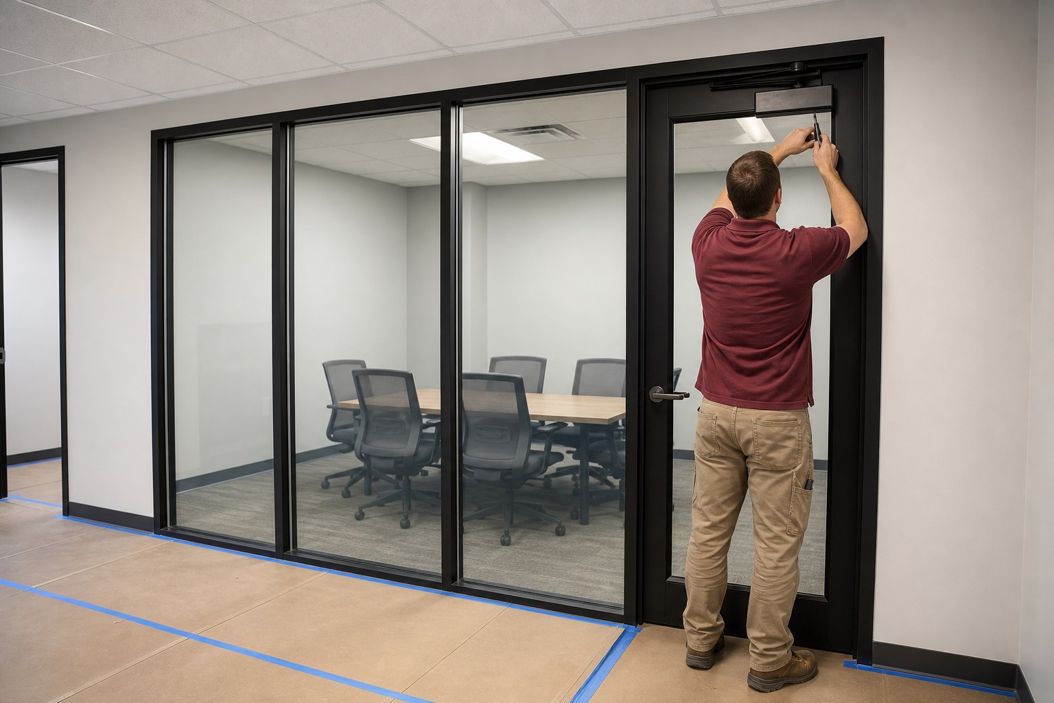 Office renovation with glass partitions and protected flooring