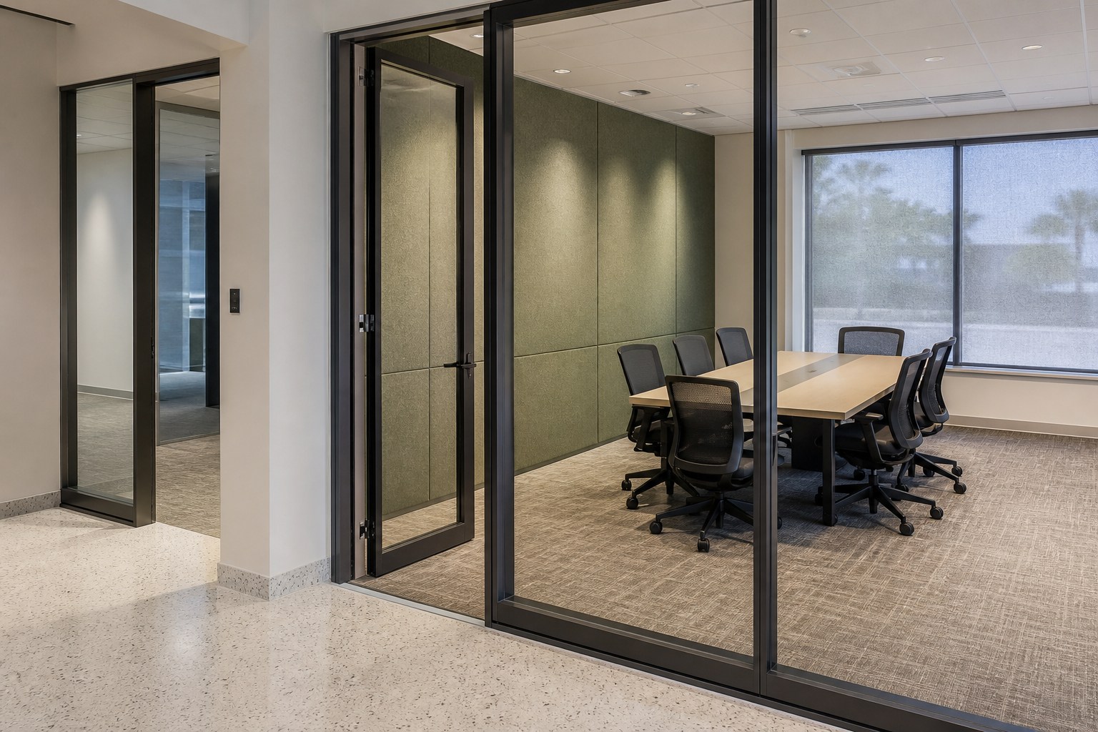 Finished office meeting room with coordinated finishes and clear circulation