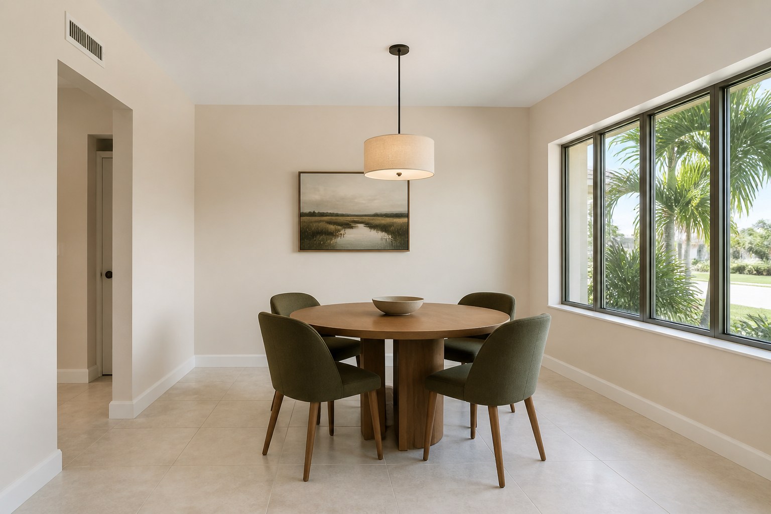 Illustrative repaired interior with finished walls, ceiling, and flooring