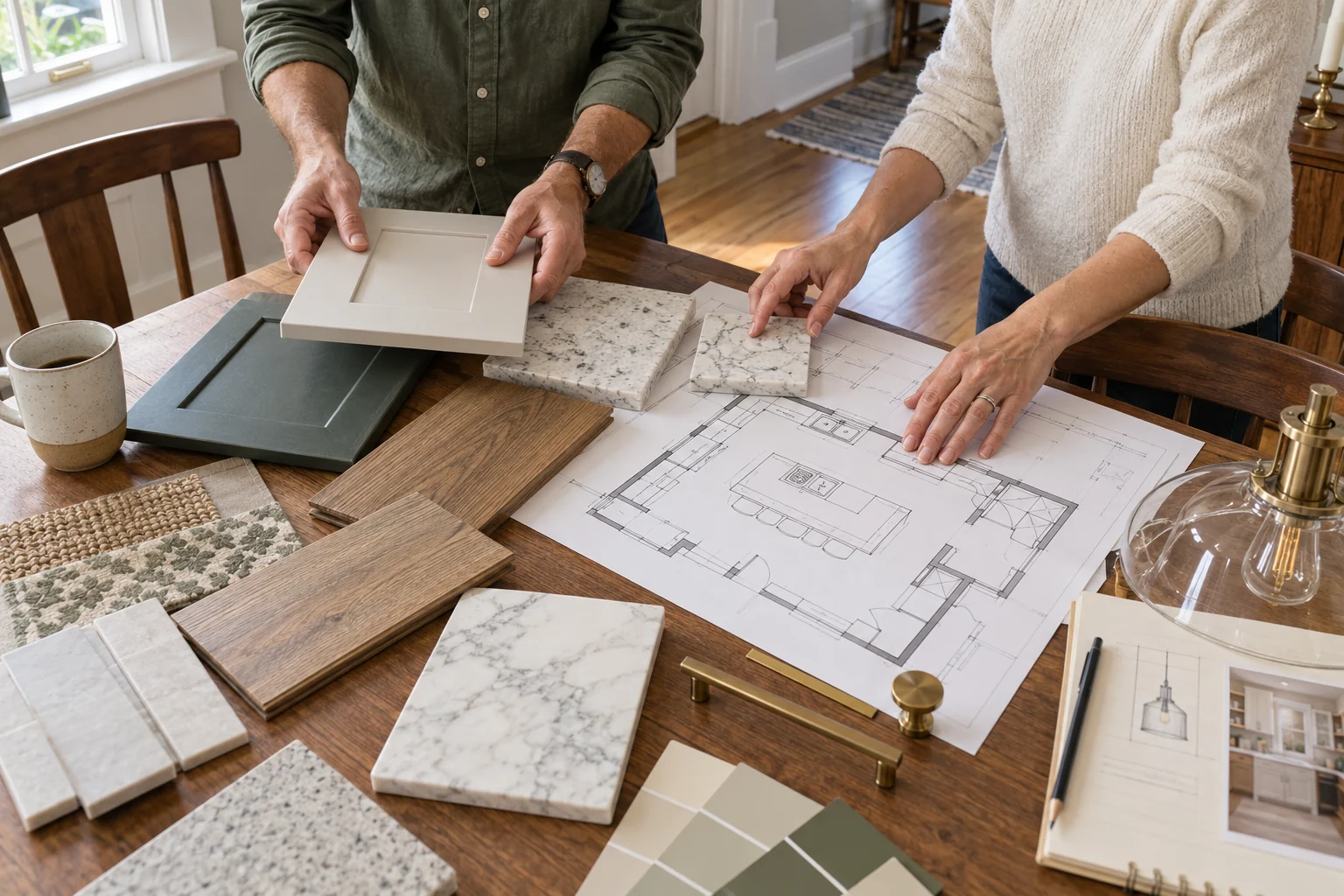 Cabinet, countertop, flooring, and lighting selections arranged for a kitchen remodel