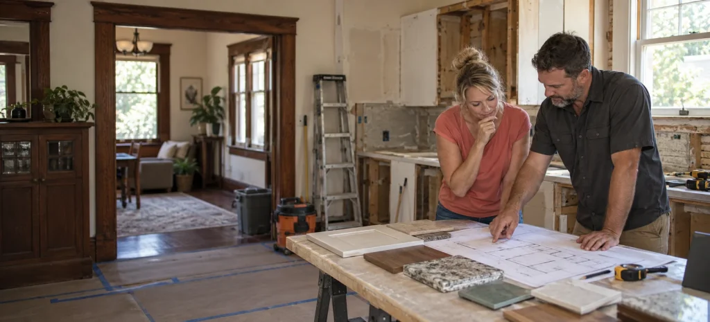 Homeowner and remodeling contractor planning a St. Petersburg bungalow kitchen renovation