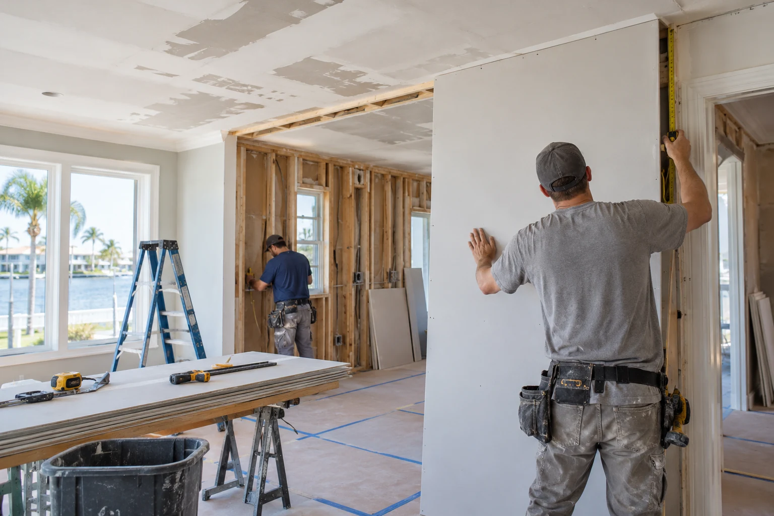 Contractors installing drywall during water-damage reconstruction in a St. Petersburg home