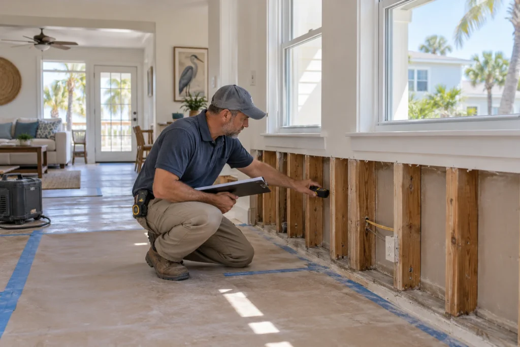Contractor assessing a dry opened wall before water-damage reconstruction in a St. Petersburg home
