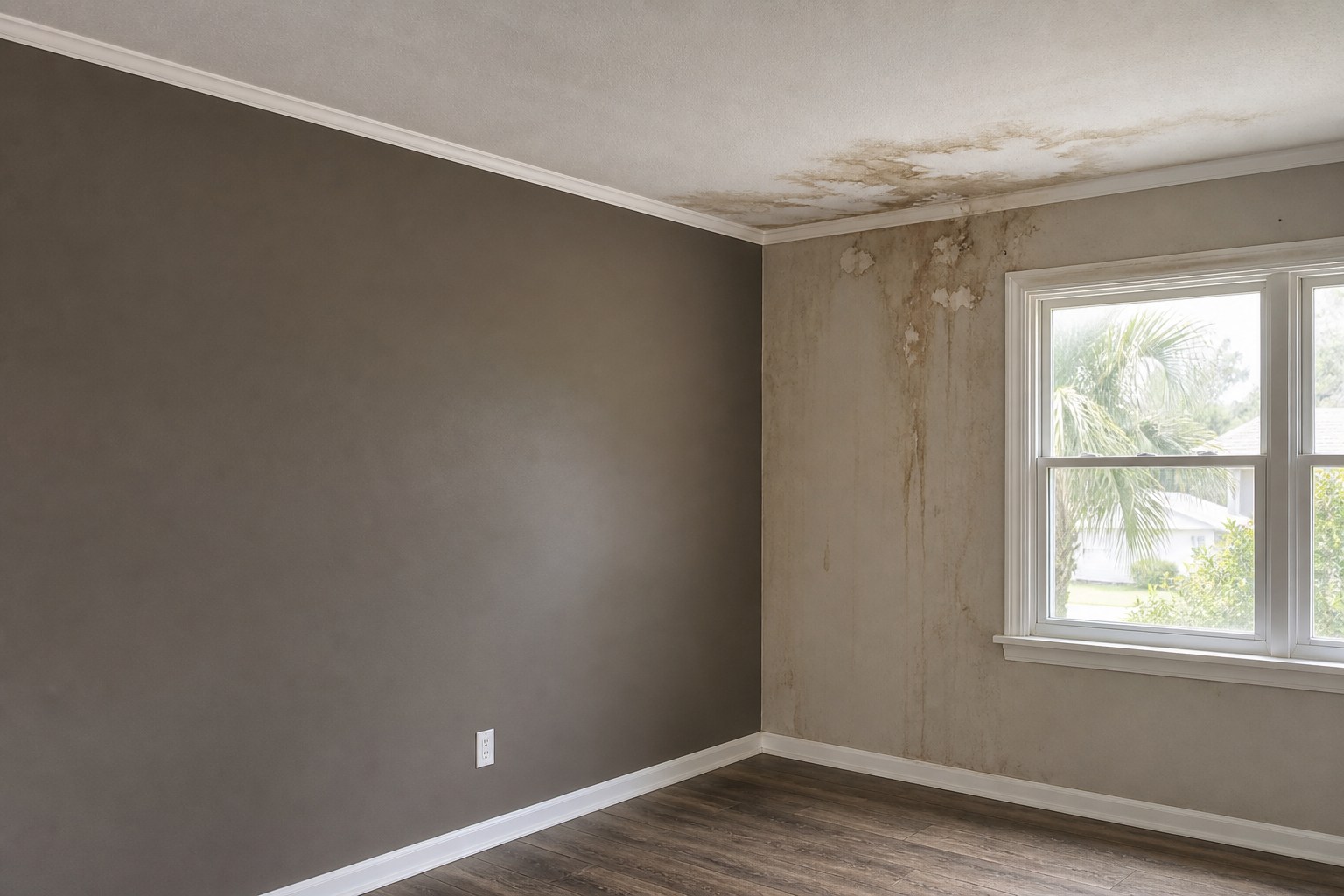 Illustrative interior awaiting water damage repairs after a localized leak