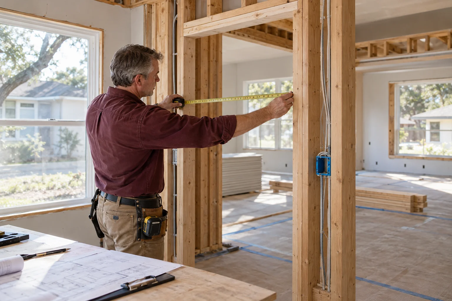 General contractor checking wall framing during a Tampa Bay home renovation