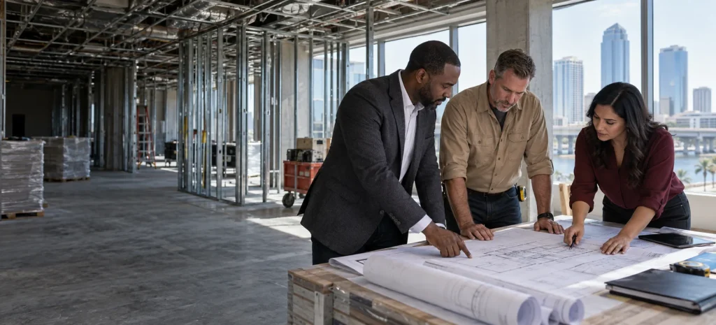 Business owner and construction team reviewing plans inside a Tampa commercial build-out
