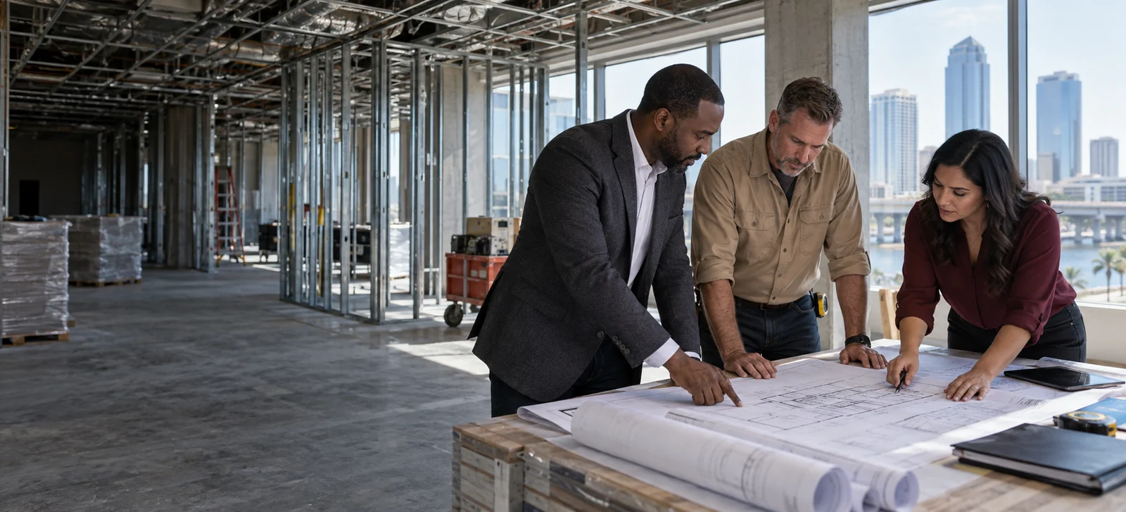 Business owner and construction team reviewing plans inside a Tampa commercial build-out