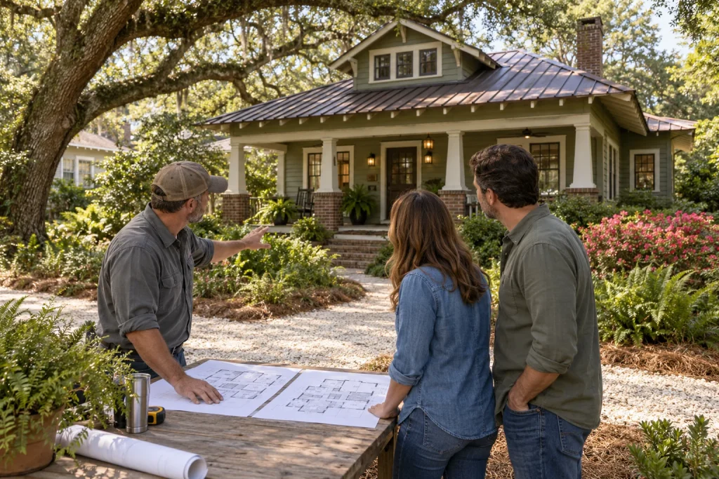 Tampa homeowners and contractor comparing remodeling plans outside a Craftsman bungalow shaded by live oaks