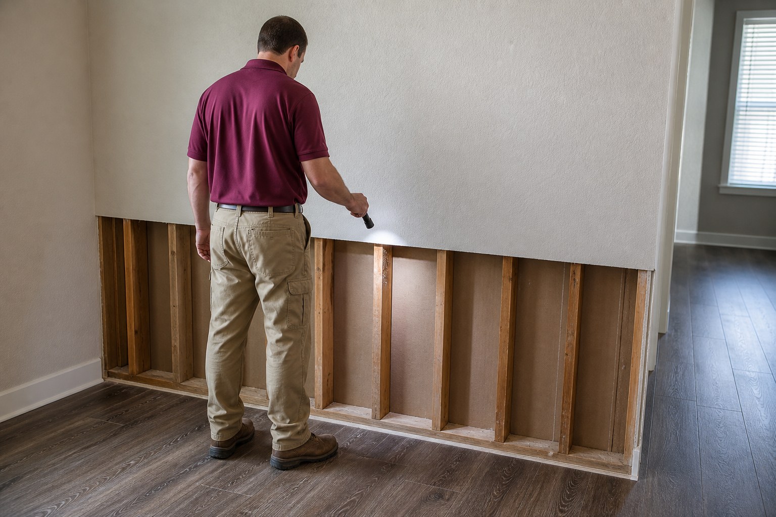 Illustrative professional evaluating an opened wall before interior reconstruction